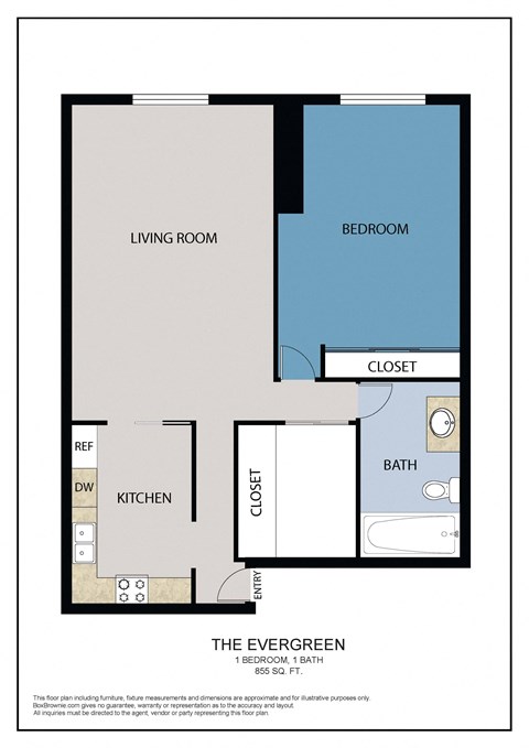 Floor plan for 1 bed, 1 bath, 855 sqft